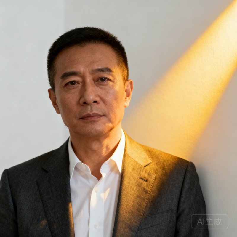周明远，Cmp冠军创始人兼CEO，40岁男性，短发干练，穿深灰色西装外套内搭白衬衫，背景为极简白色墙壁和一抹金色光线，表情沉稳而坚定