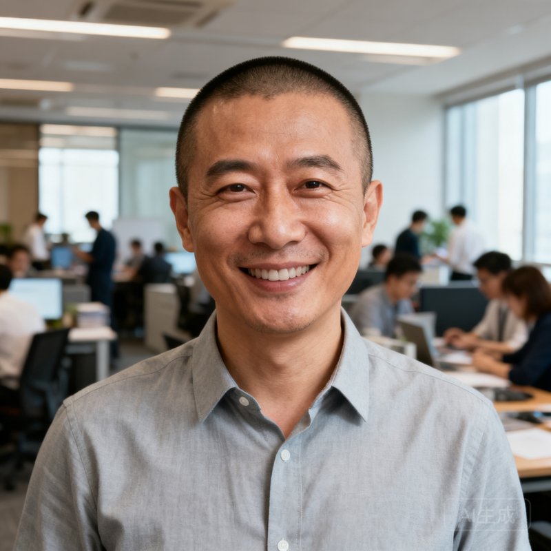 赵立峰，Cmp冠军联合创始人兼COO，42岁男性，寸头造型，穿浅灰色衬衫，背景为开放式办公室和忙碌的团队成员，表情开朗自信