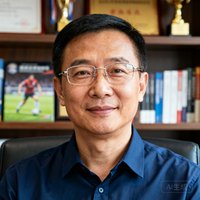 一位45岁左右的中国男性体育媒体总监半身肖像照，戴着无框眼镜，身穿深蓝色衬衫，背景为办公室书架，表情自信温和