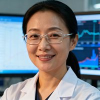 一位35岁左右的中国女性体育科研人员肖像，扎着马尾辫，戴着银色细框眼镜，身穿白色实验室外套，背景可见数据图表屏幕，微笑中带着专业感